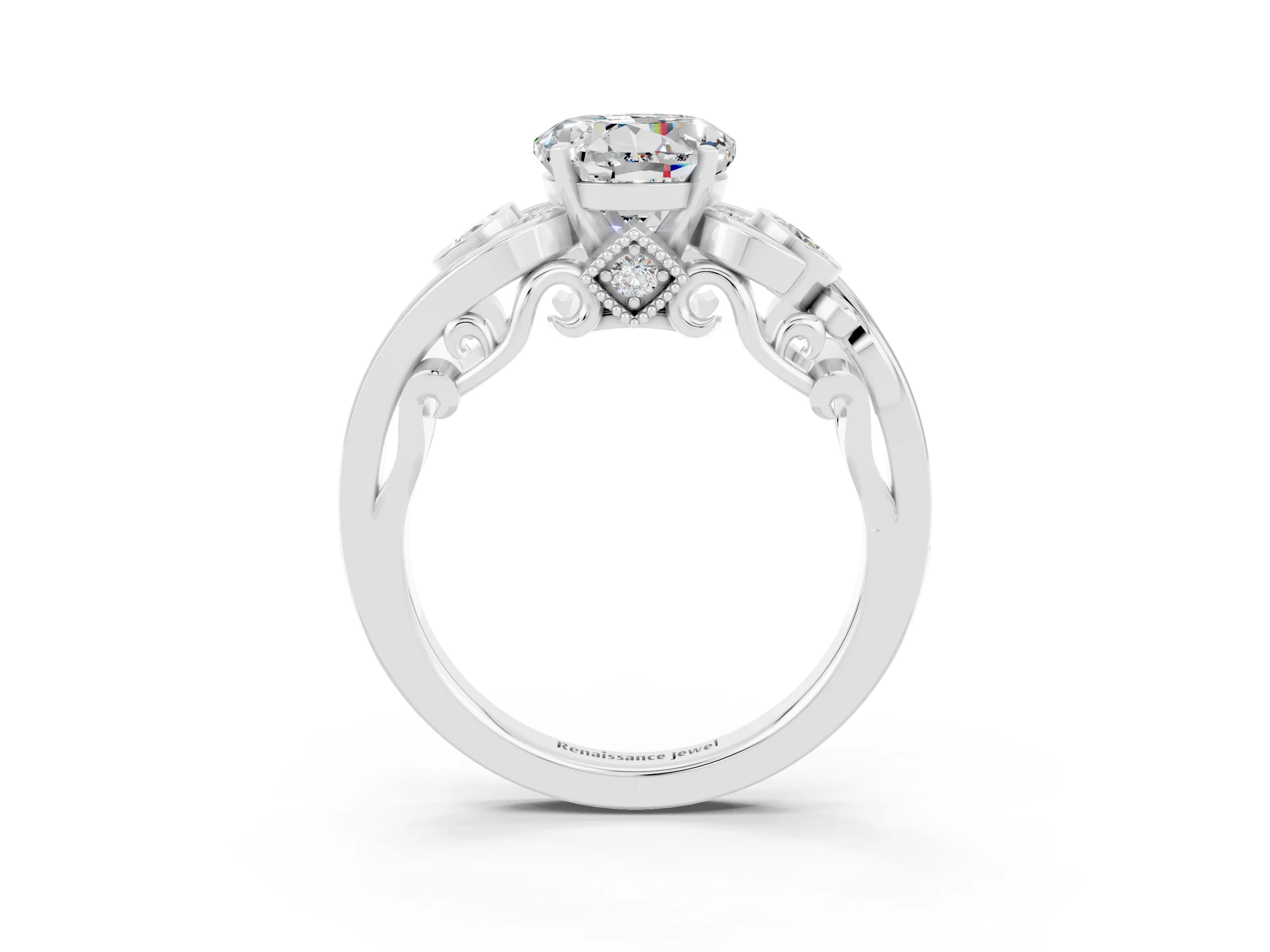 White gold Round Cut Moissanite Solitaire Ring with Milgrain Pavé Band and Four-Prong Setting_15