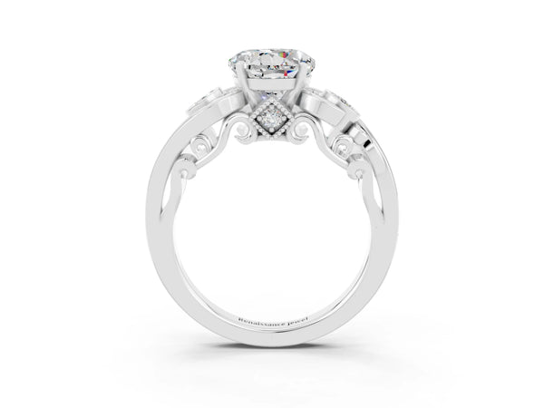 Silver Round Cut Moissanite Solitaire Ring with Milgrain Pavé Band and Four-Prong Setting