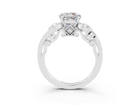 White gold Round Cut Moissanite Solitaire Ring with Milgrain Pavé Band and Four-Prong Setting_15
