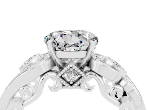 White gold Round Cut Moissanite Solitaire Ring with Milgrain Pavé Band and Four-Prong Setting_16