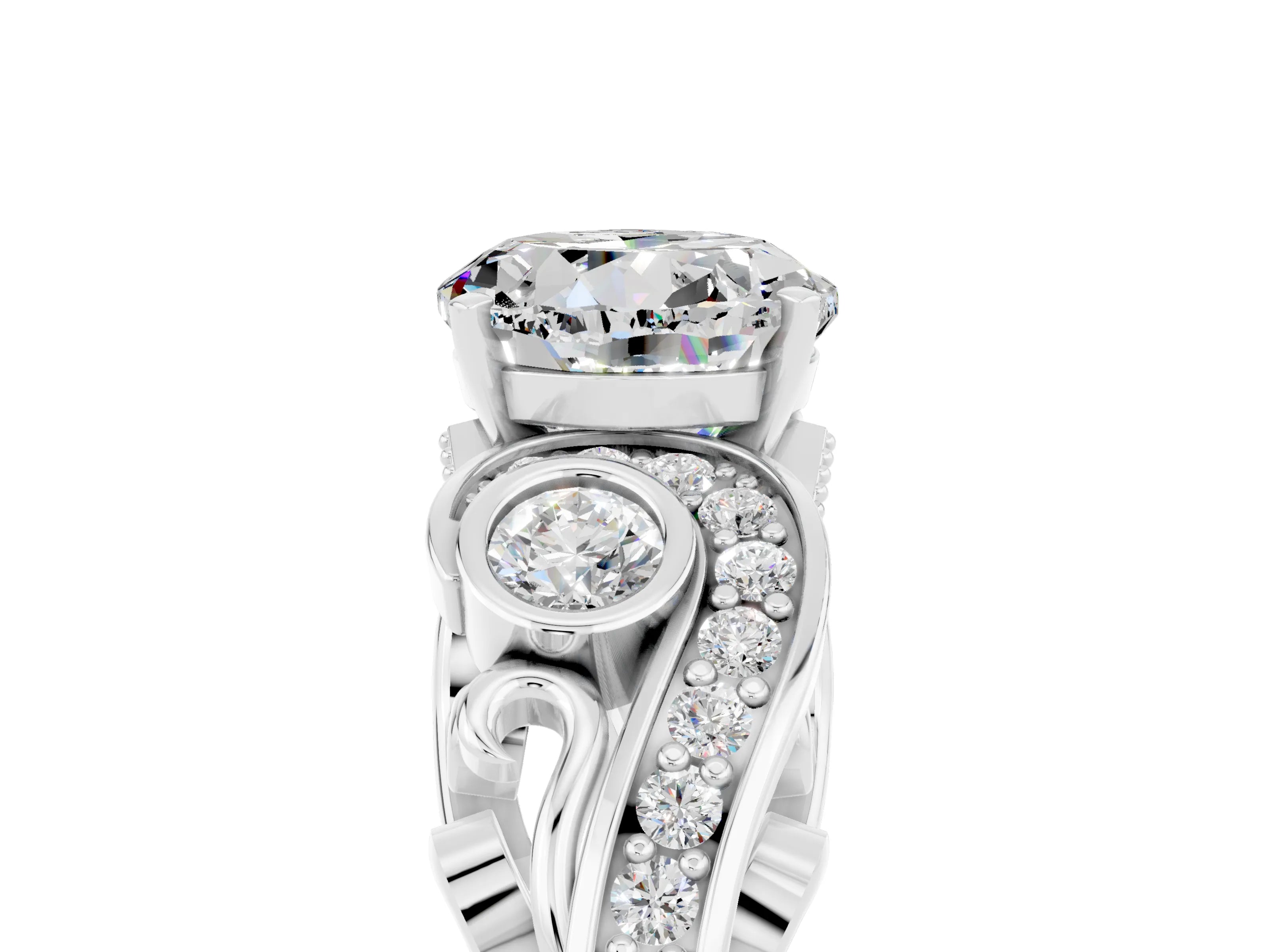White gold Round Cut Moissanite Solitaire Ring with Milgrain Pavé Band and Four-Prong Setting_17