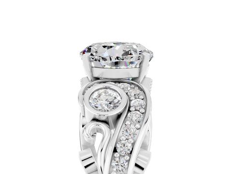 White gold Round Cut Moissanite Solitaire Ring with Milgrain Pavé Band and Four-Prong Setting_17