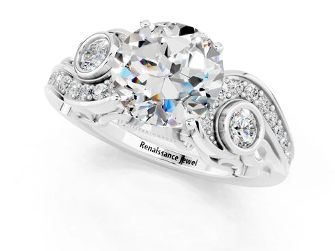 White gold Round Cut Moissanite Solitaire Ring with Milgrain Pavé Band and Four-Prong Setting_49