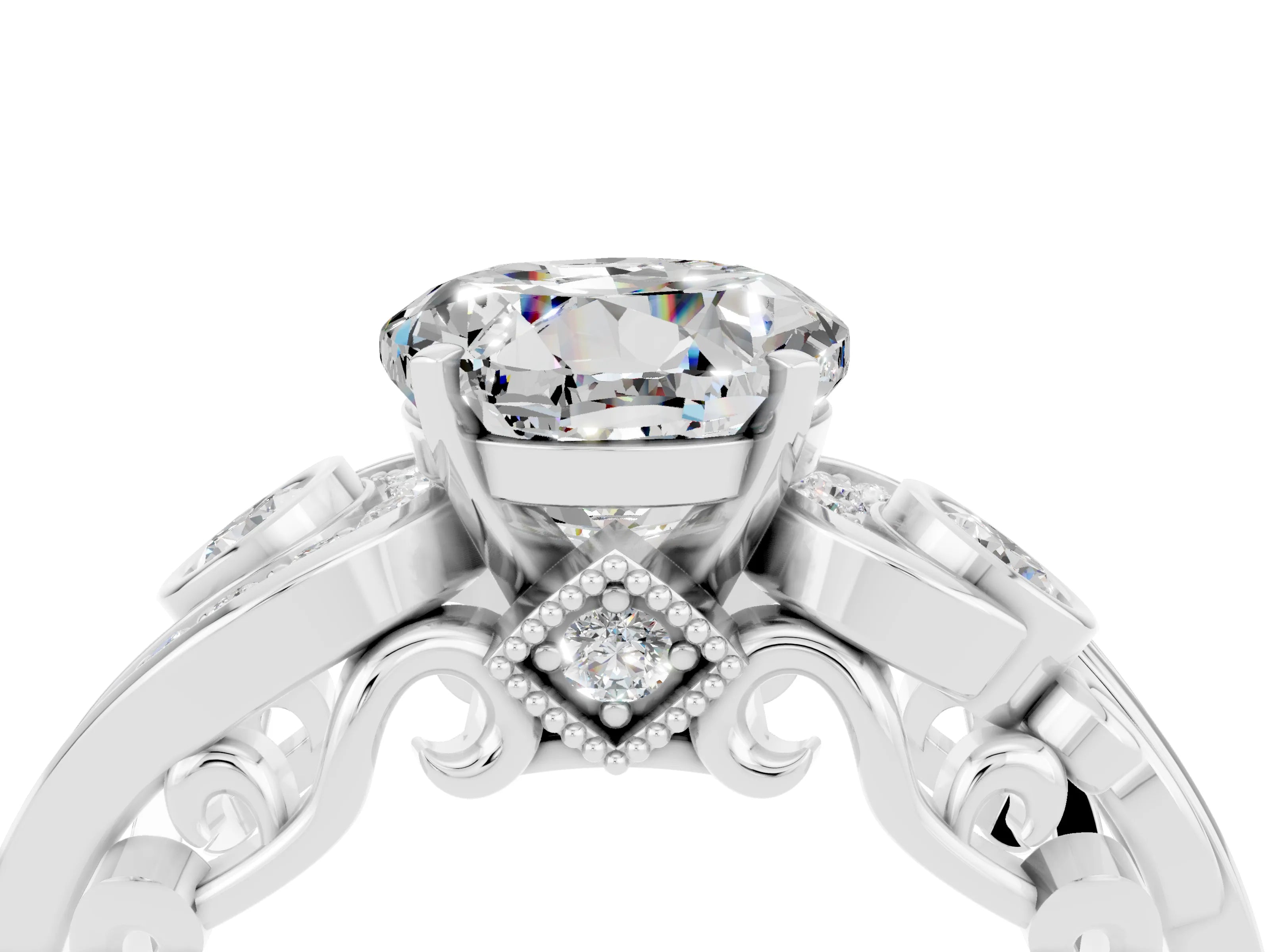 White gold Round Cut Moissanite Solitaire Ring with Milgrain Pavé Band and Four-Prong Setting_52