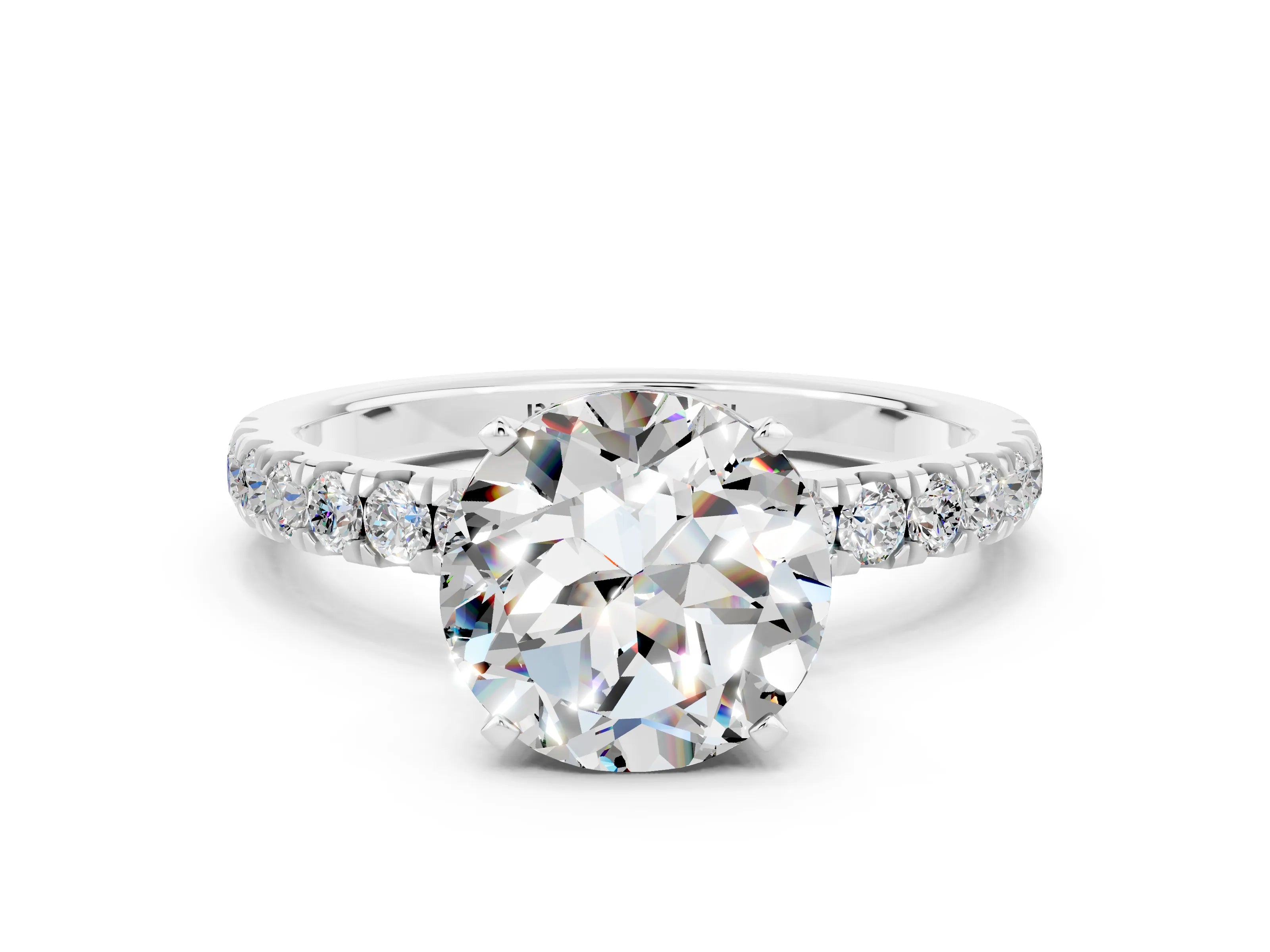 White gold Round Cut Moissanite Solitaire Ring with Pavé Accents and Four-Prong Setting