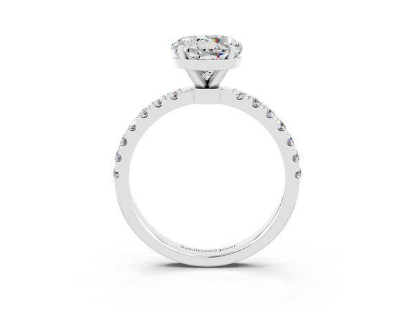 Platinum Round Cut Moissanite Solitaire Ring with Pavé Accents and Four-Prong Setting