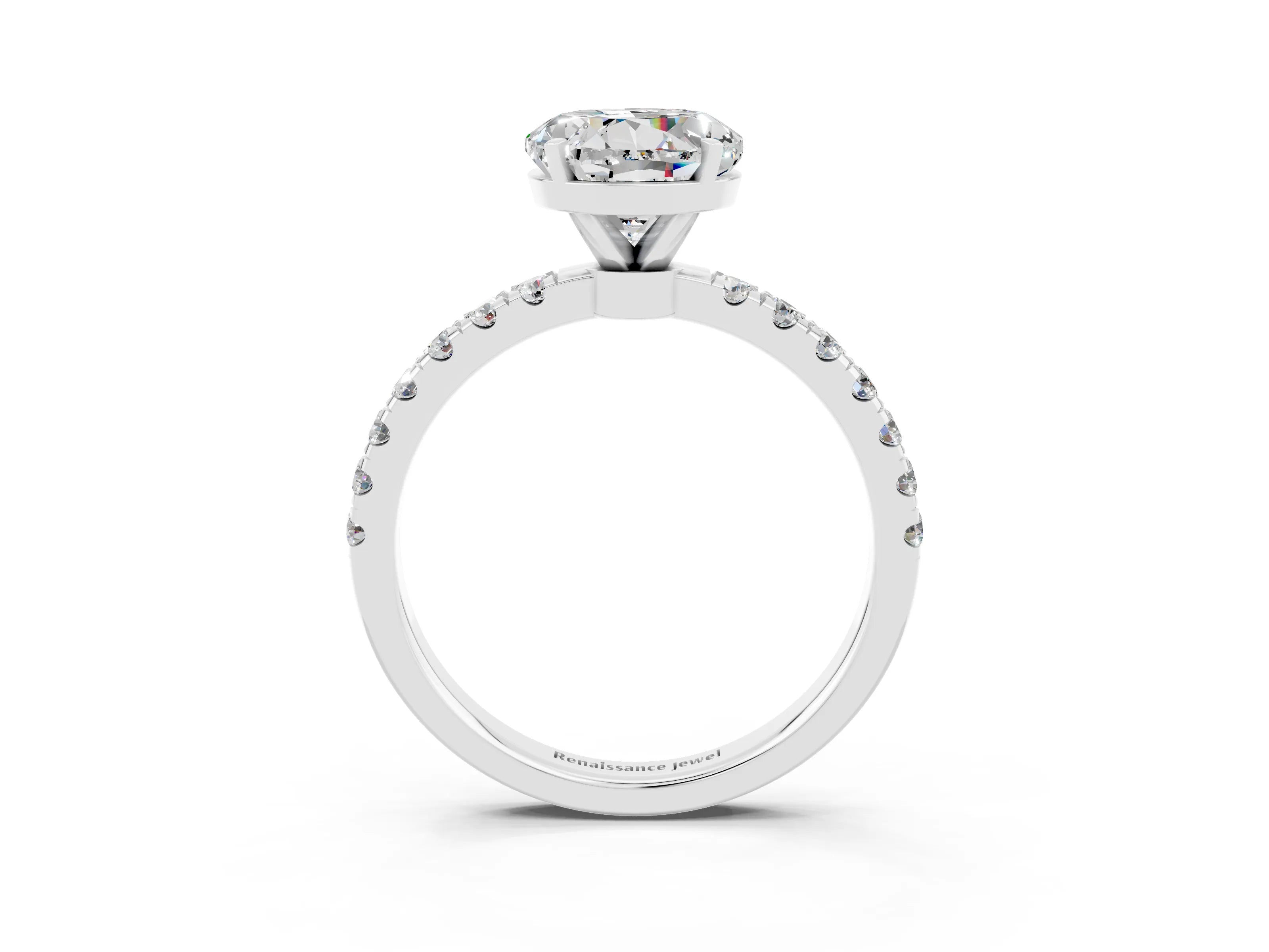 White gold Round Cut Moissanite Solitaire Ring with Pavé Accents and Four-Prong Setting_3
