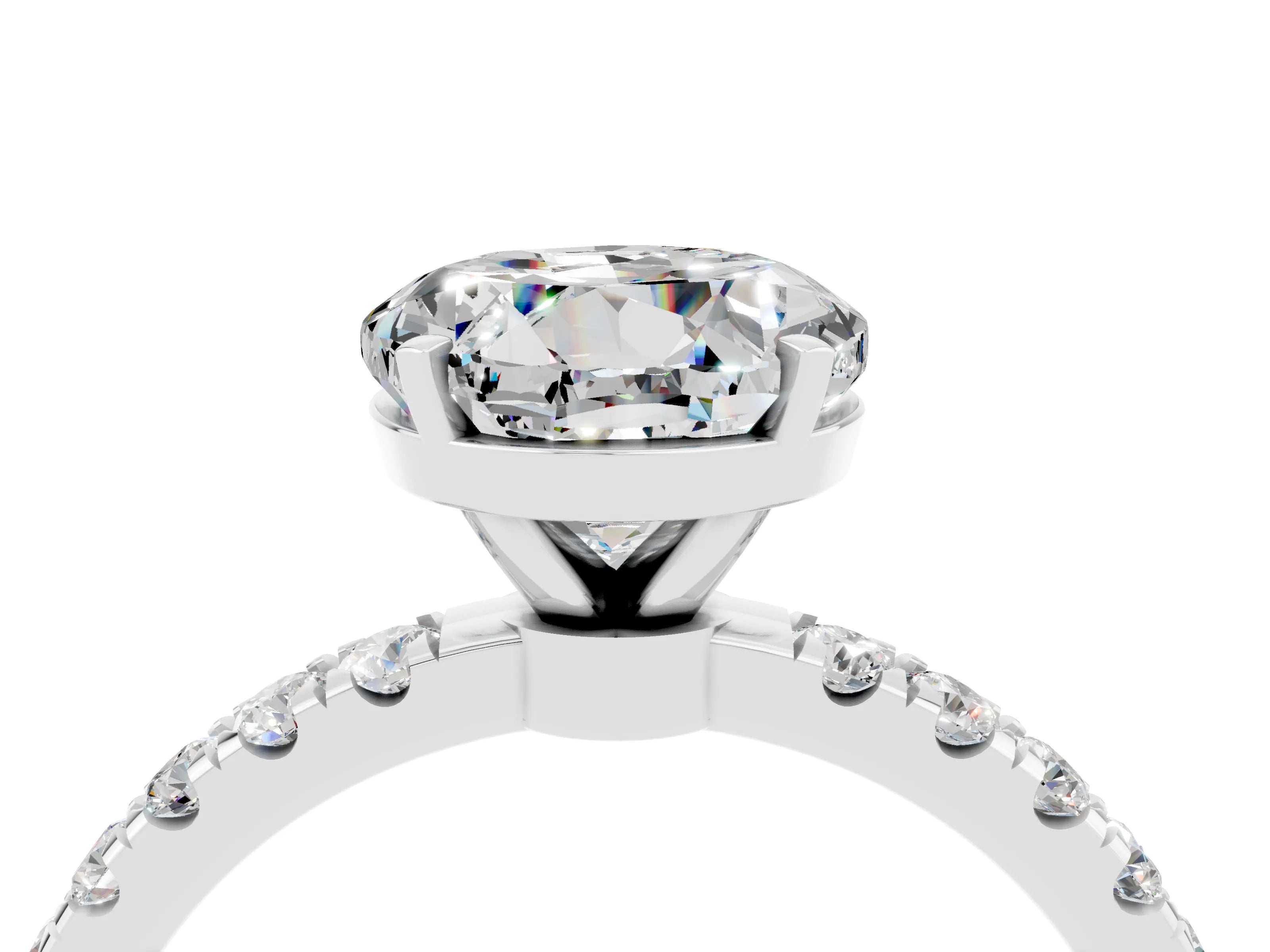 White gold Round Cut Moissanite Solitaire Ring with Pavé Accents and Four-Prong Setting_4
