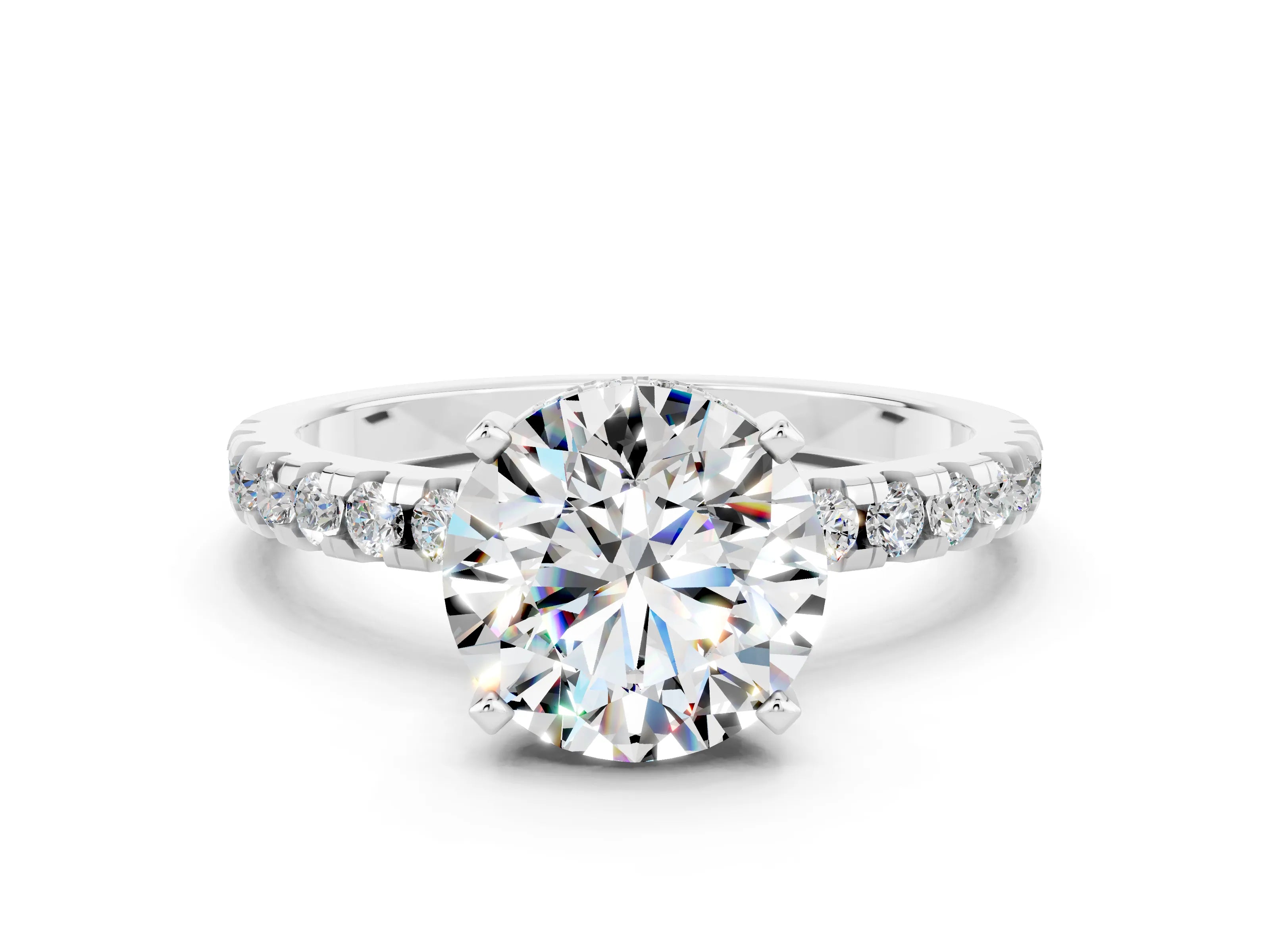 White gold Round Cut Moissanite Solitaire Ring with Pavé Band and Four-Prong Setting_24