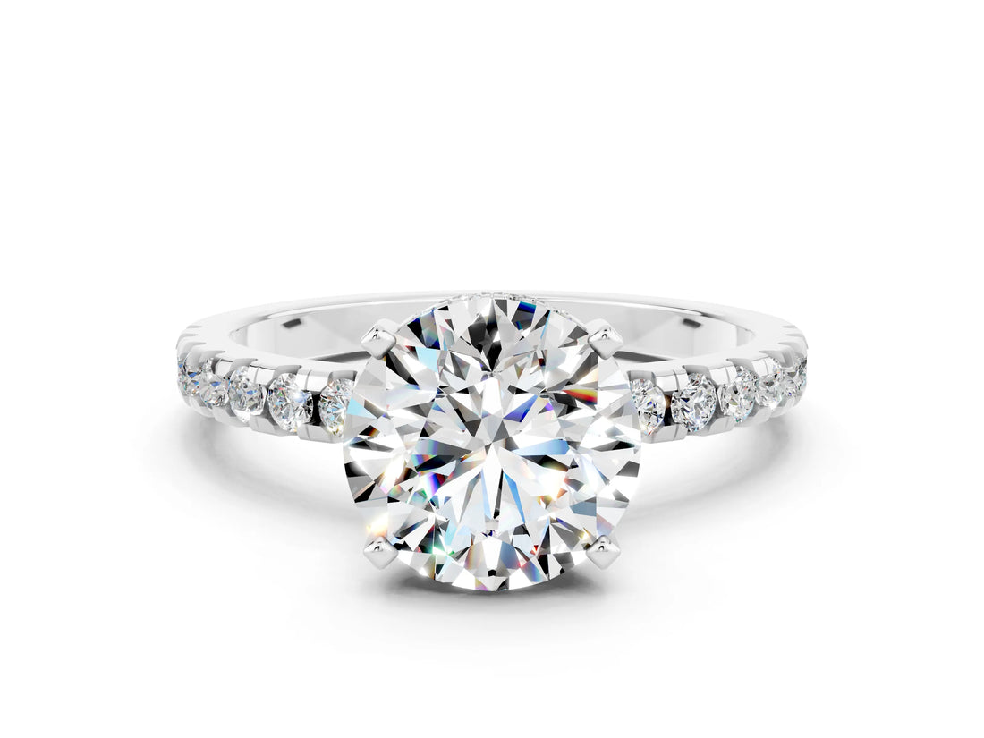 White gold Round Cut Moissanite Solitaire Ring with Pavé Band and Four-Prong Setting_24