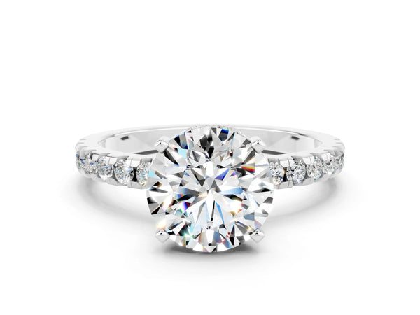 White gold Round Cut Moissanite Solitaire Ring with Round  Pavé Band and Four-Prong Setting
