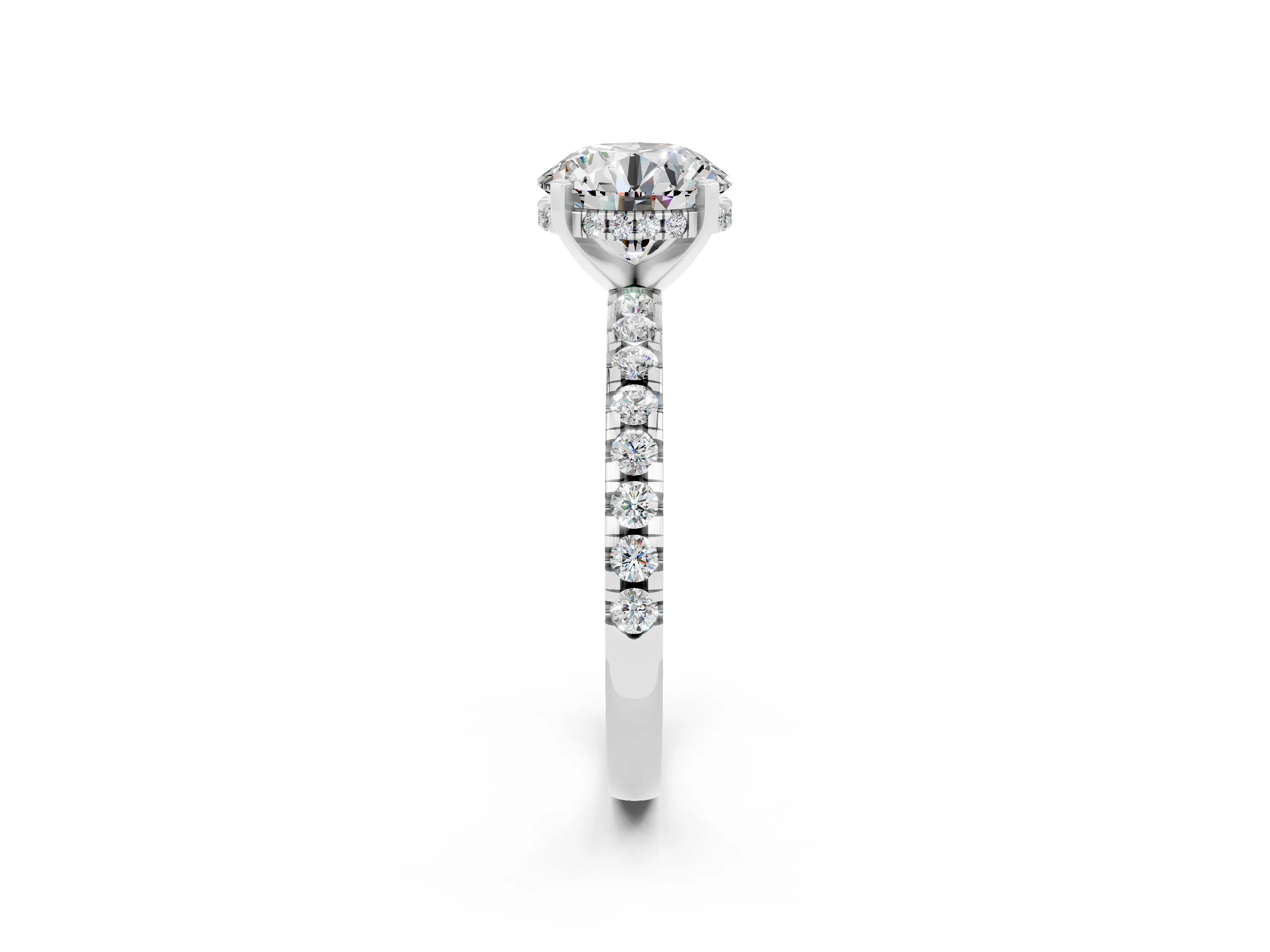 White gold Round Cut Moissanite Solitaire Ring with Pavé Band and Four-Prong Setting_26