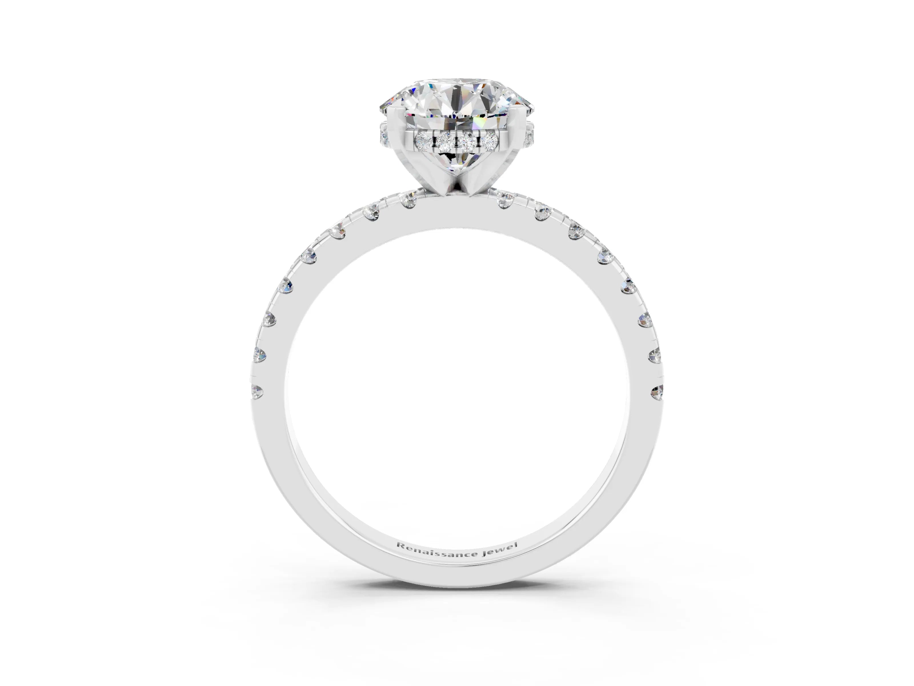 White gold Round Cut Moissanite Solitaire Ring with Pavé Band and Four-Prong Setting_27
