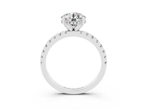 Platinum Round Cut Moissanite Solitaire Ring with Round  Pavé Band and Four-Prong Setting