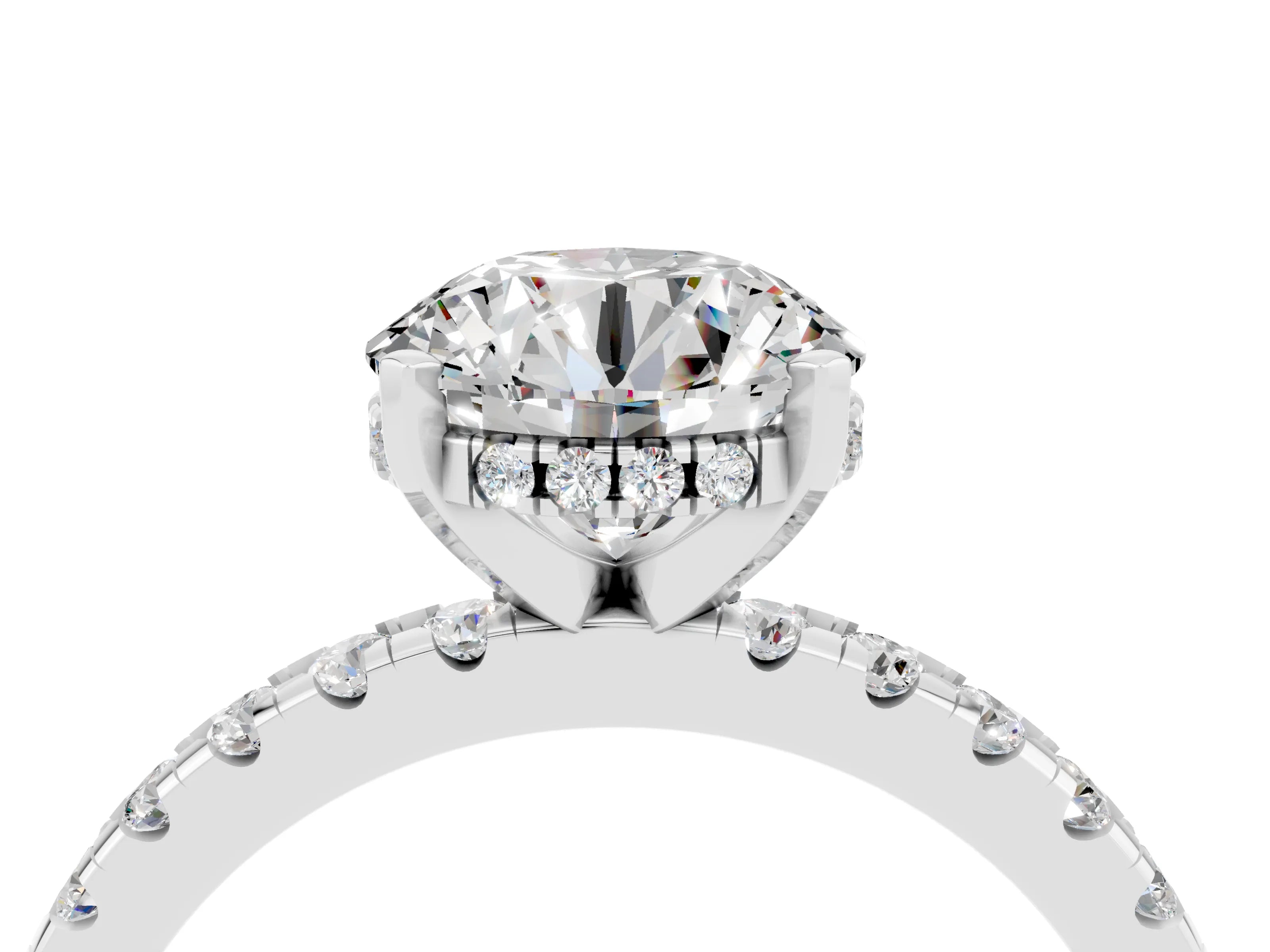 White gold Round Cut Moissanite Solitaire Ring with Pavé Band and Four-Prong Setting_28