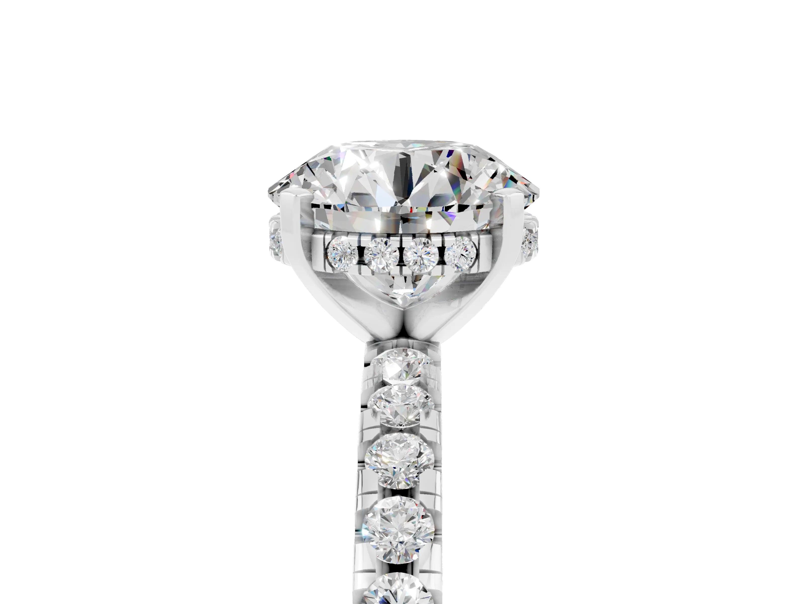 White gold Round Cut Moissanite Solitaire Ring with Pavé Band and Four-Prong Setting_29