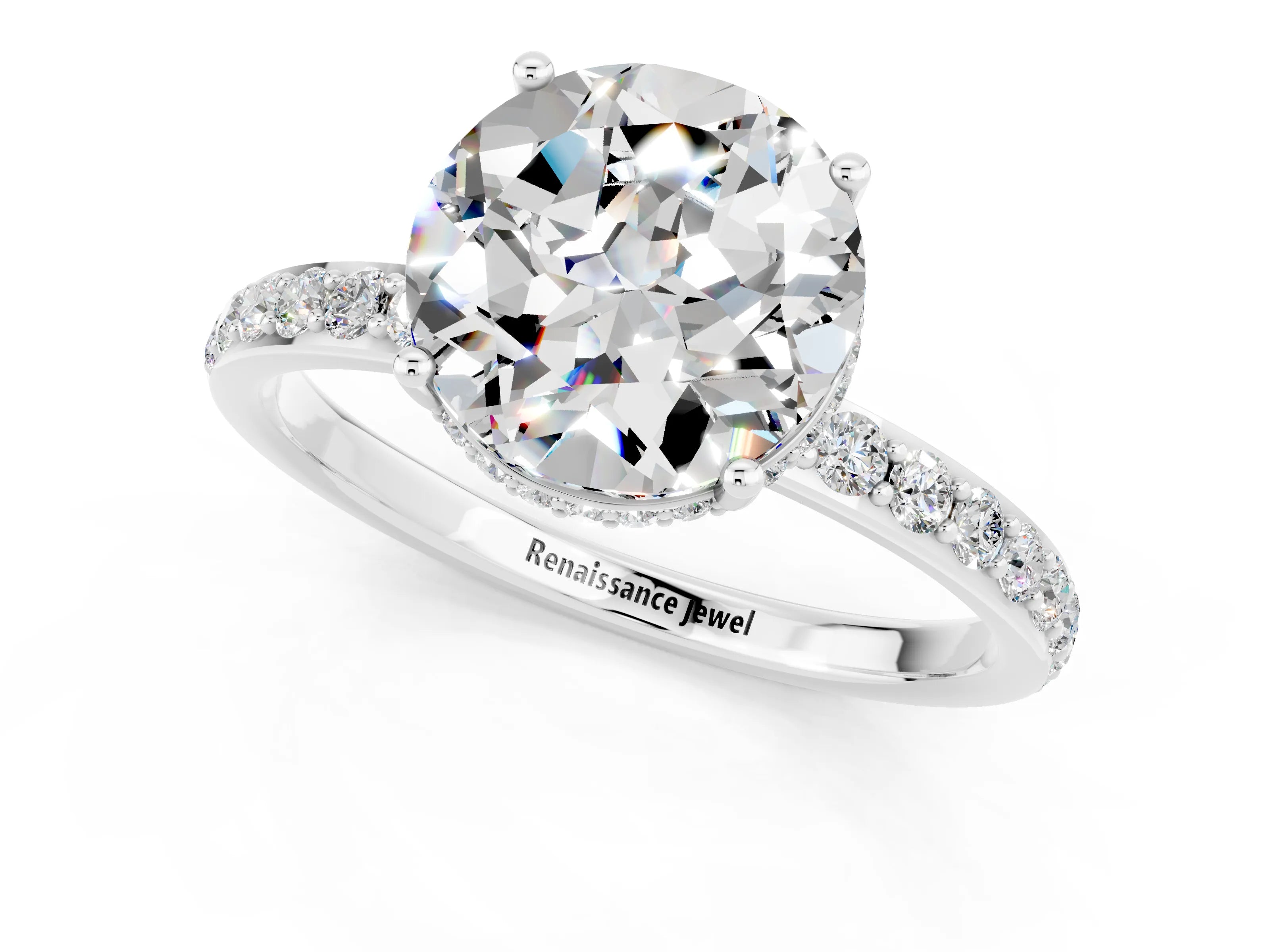 White gold Round Cut Moissanite Solitaire Ring with Pavé Band and Hidden Halo_1