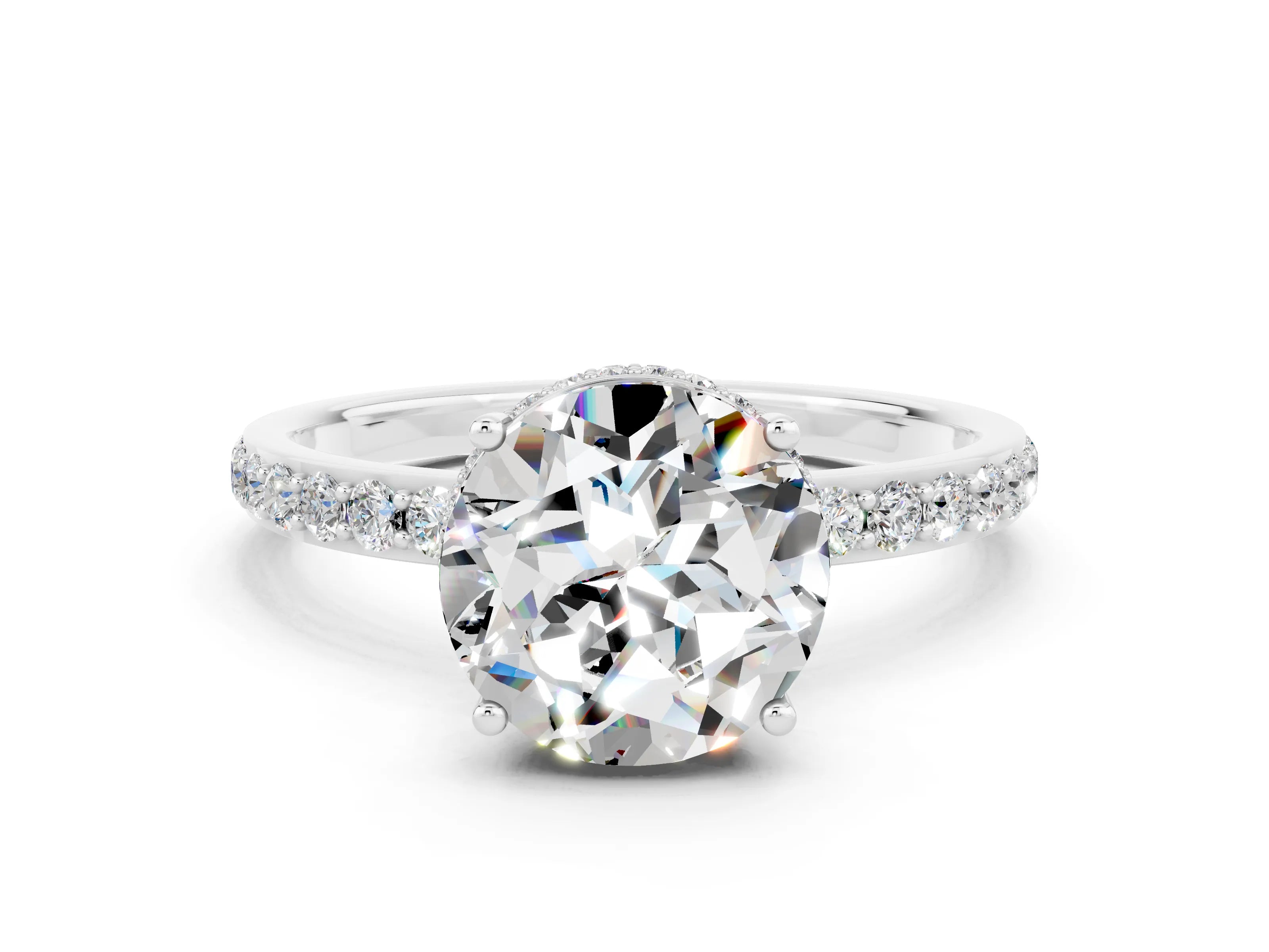 White gold Round Cut Moissanite Solitaire Ring with Pavé Band and Hidden Halo_24