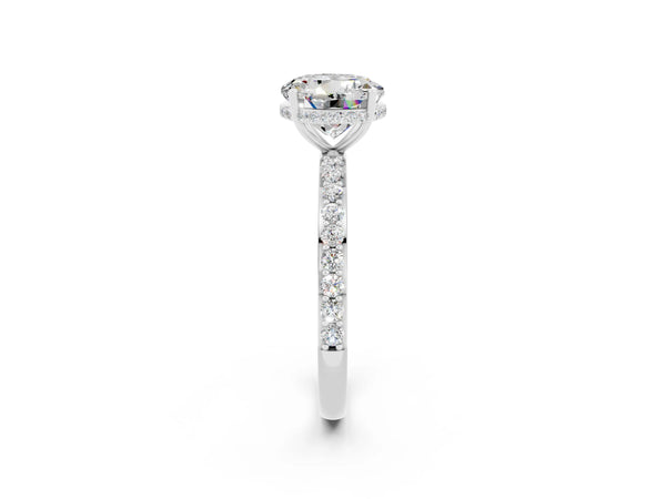 White gold Round Cut Moissanite Solitaire Ring with Pavé Band and Hidden Halo