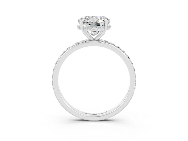 White gold Round Cut Moissanite Solitaire Ring with Pavé Band and Hidden Halo