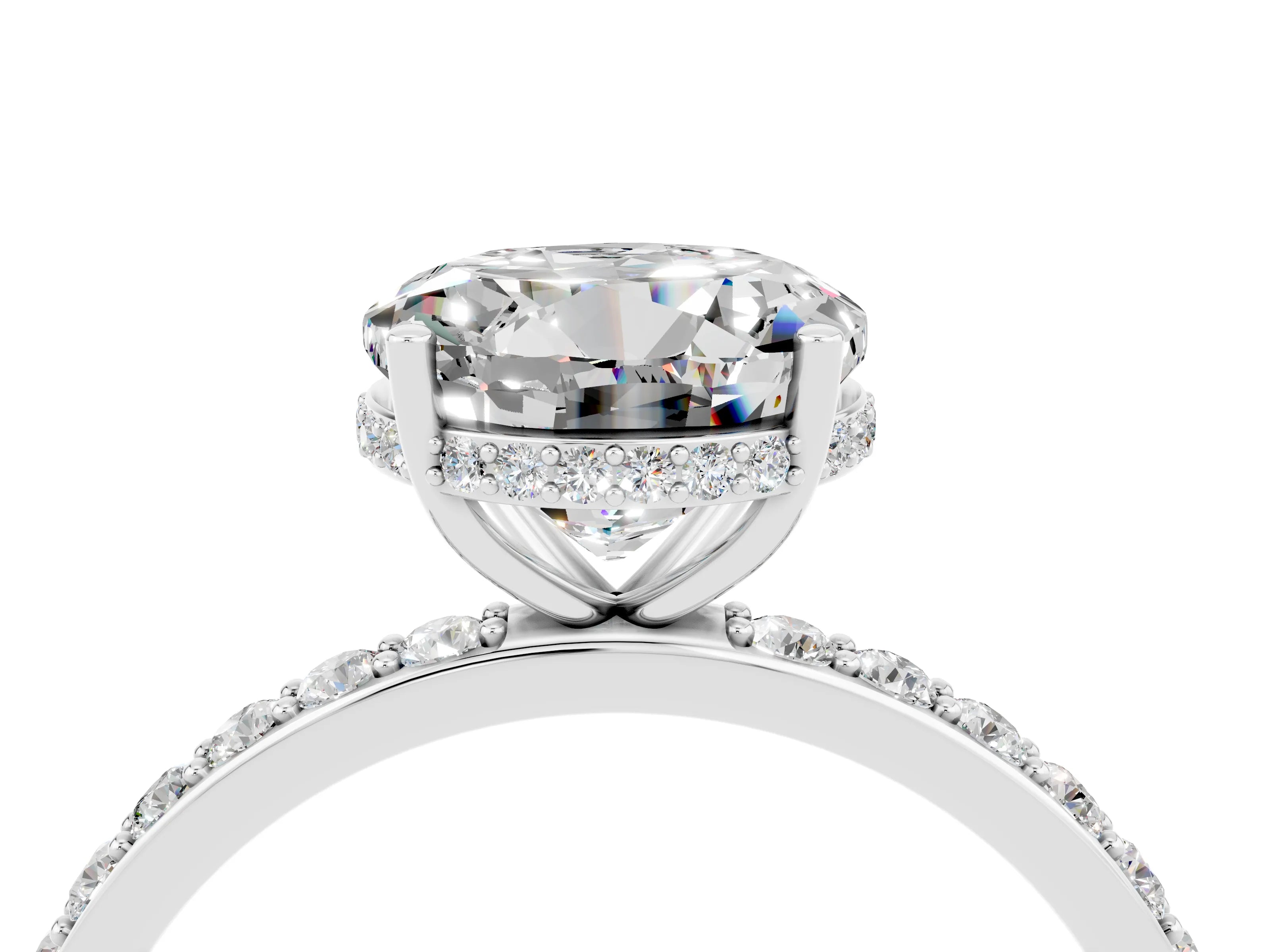 White gold Round Cut Moissanite Solitaire Ring with Pavé Band and Hidden Halo_28