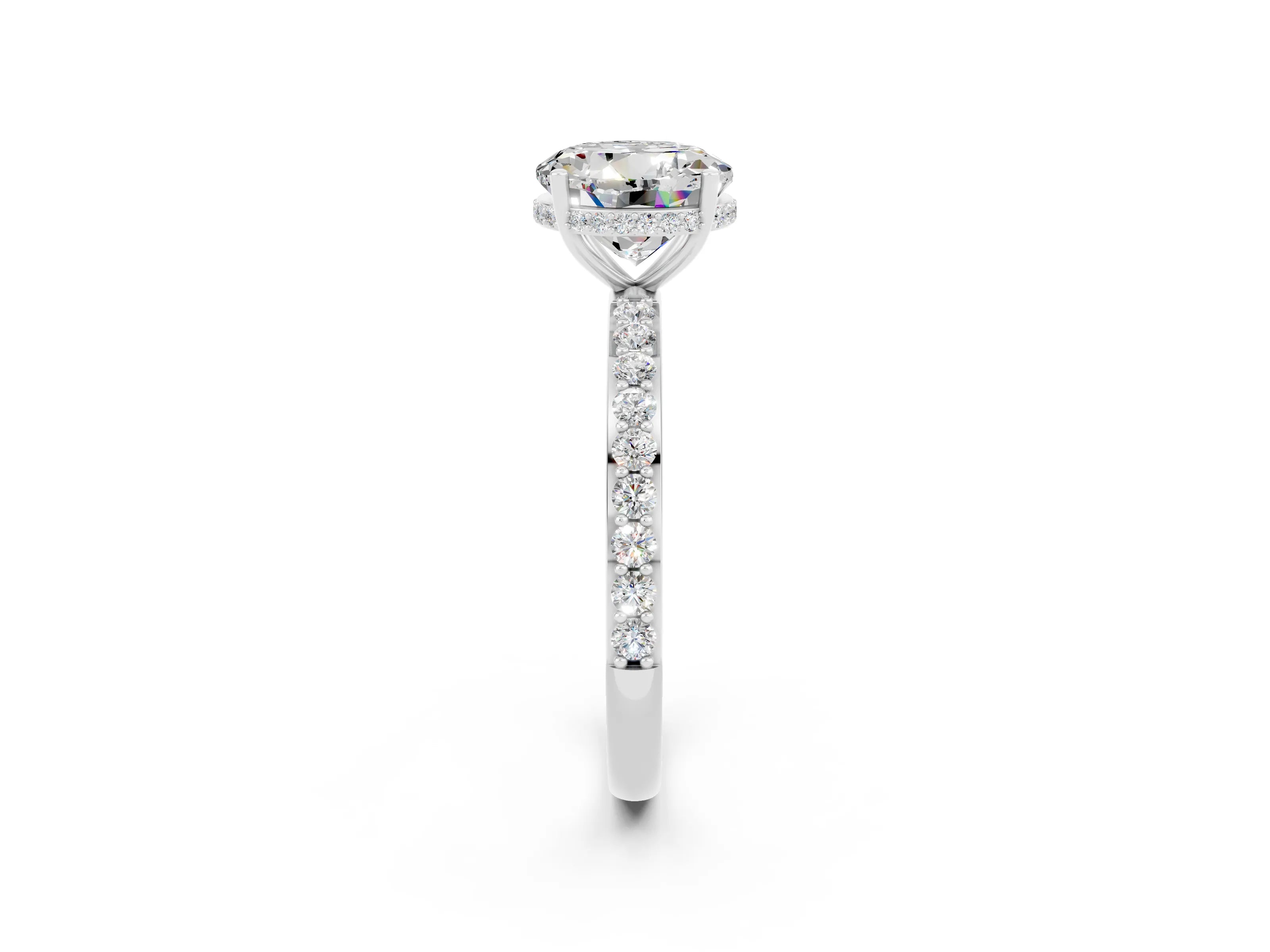 White gold Round Cut Moissanite Solitaire Ring with Pavé Band and Hidden Halo_2
