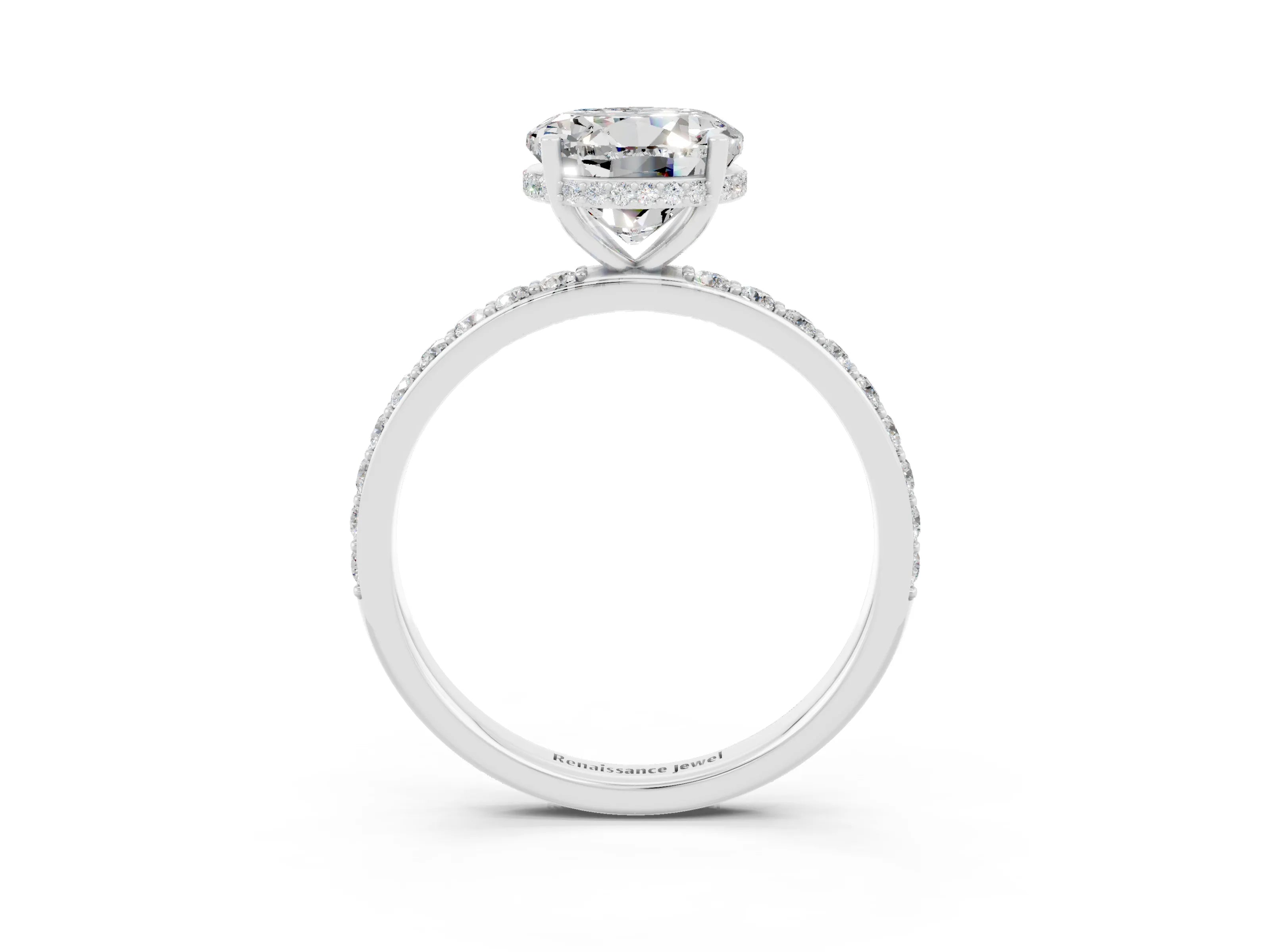 White gold Round Cut Moissanite Solitaire Ring with Pavé Band and Hidden Halo_3