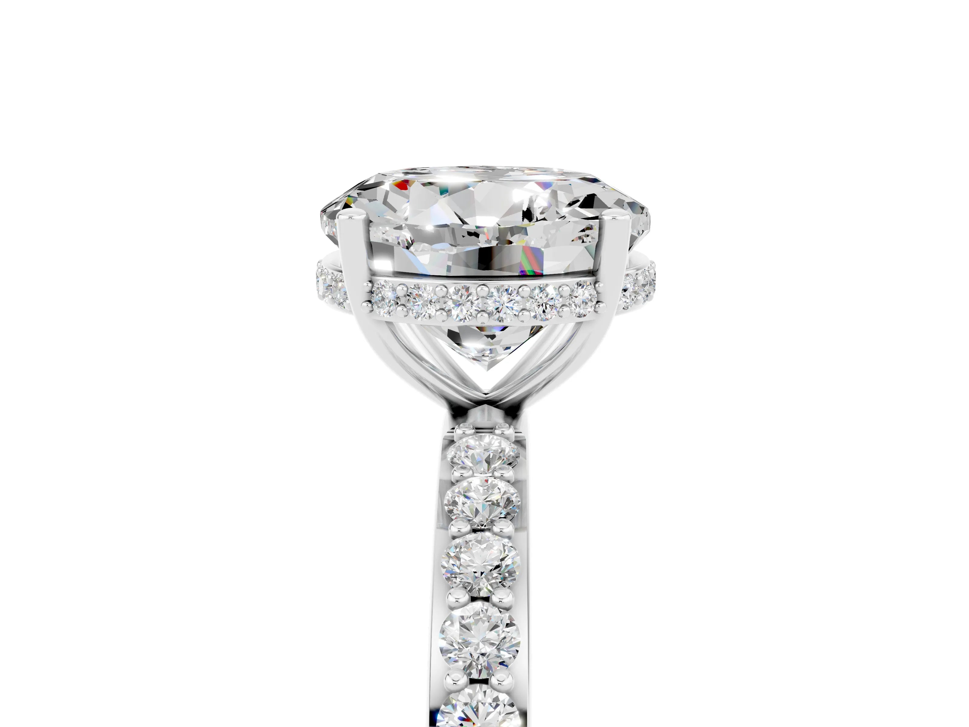 White gold Round Cut Moissanite Solitaire Ring with Pavé Band and Hidden Halo_5