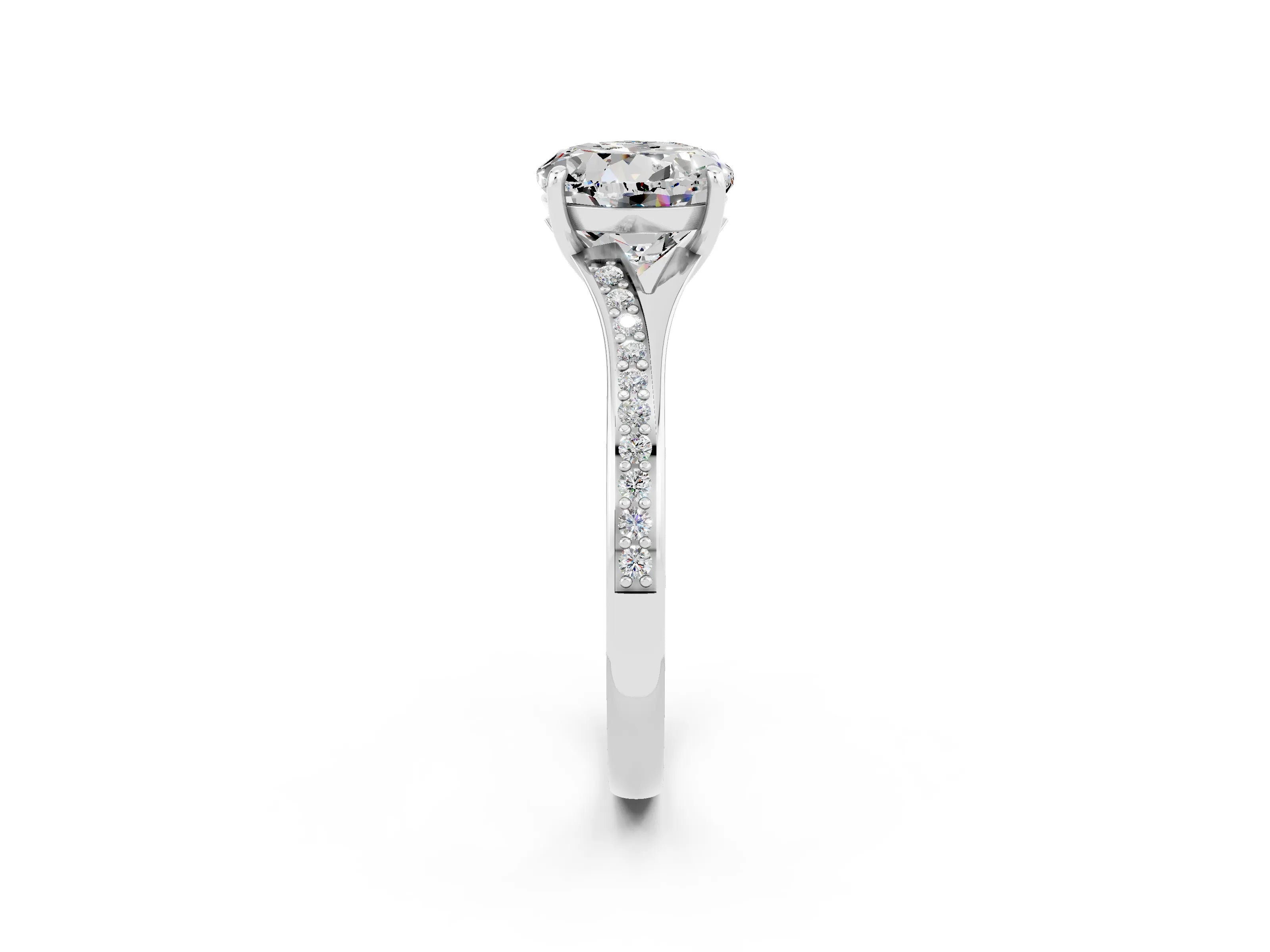 White gold Round Cut Moissanite Solitaire Ring with Pavé Band and Prong Setting_2