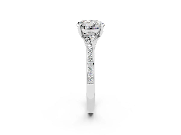 Platinum Round Cut Moissanite Solitaire Ring with Pavé Band and Prong Setting