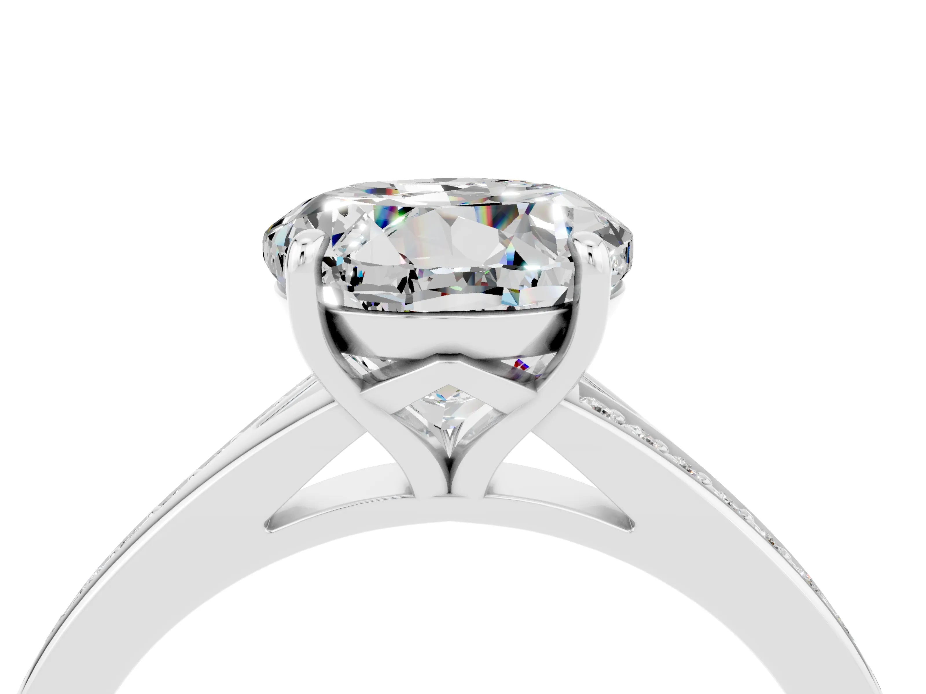 White gold Round Cut Moissanite Solitaire Ring with Pavé Band and Prong Setting_4
