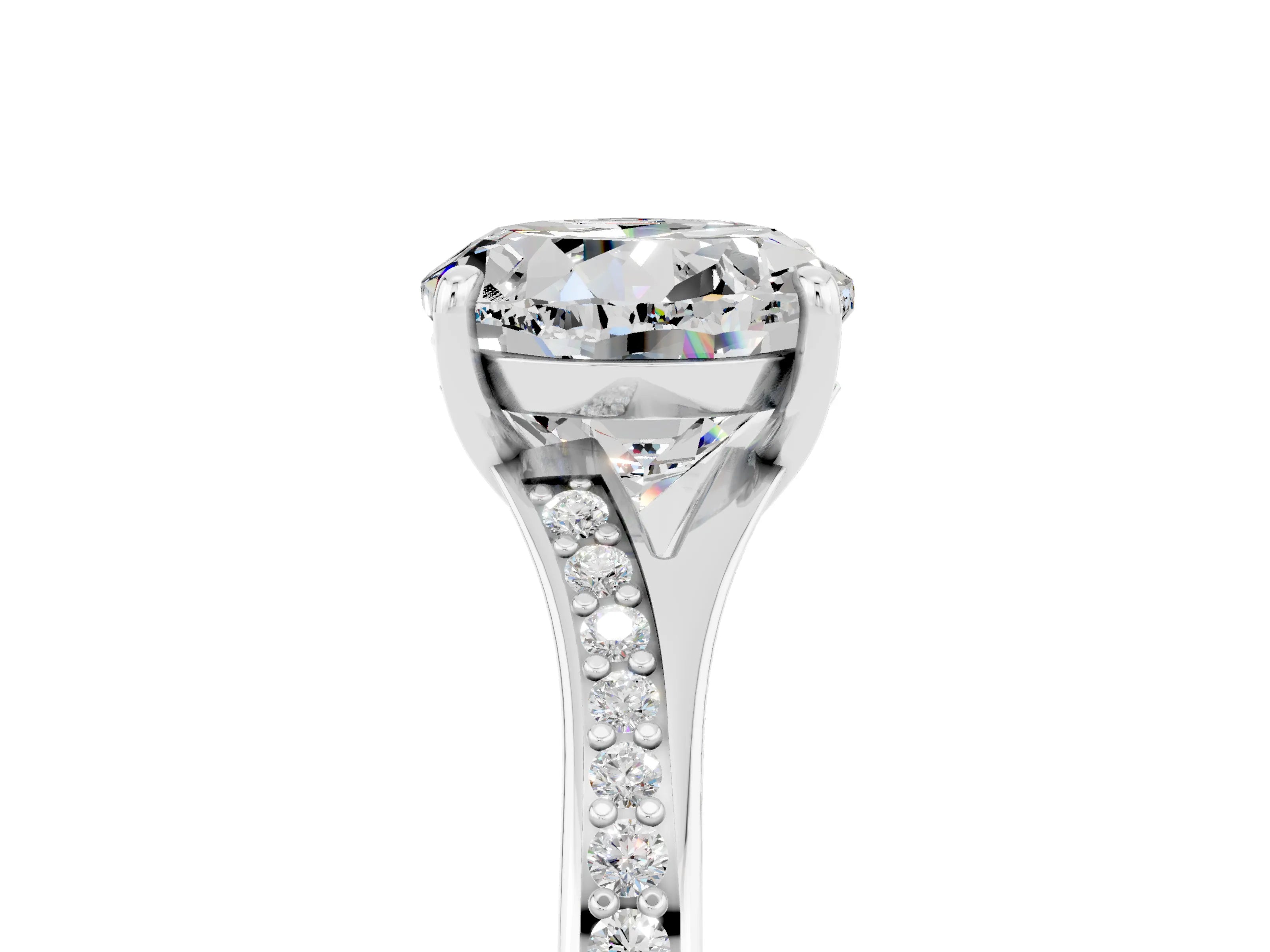 White gold Round Cut Moissanite Solitaire Ring with Pavé Band and Prong Setting_5