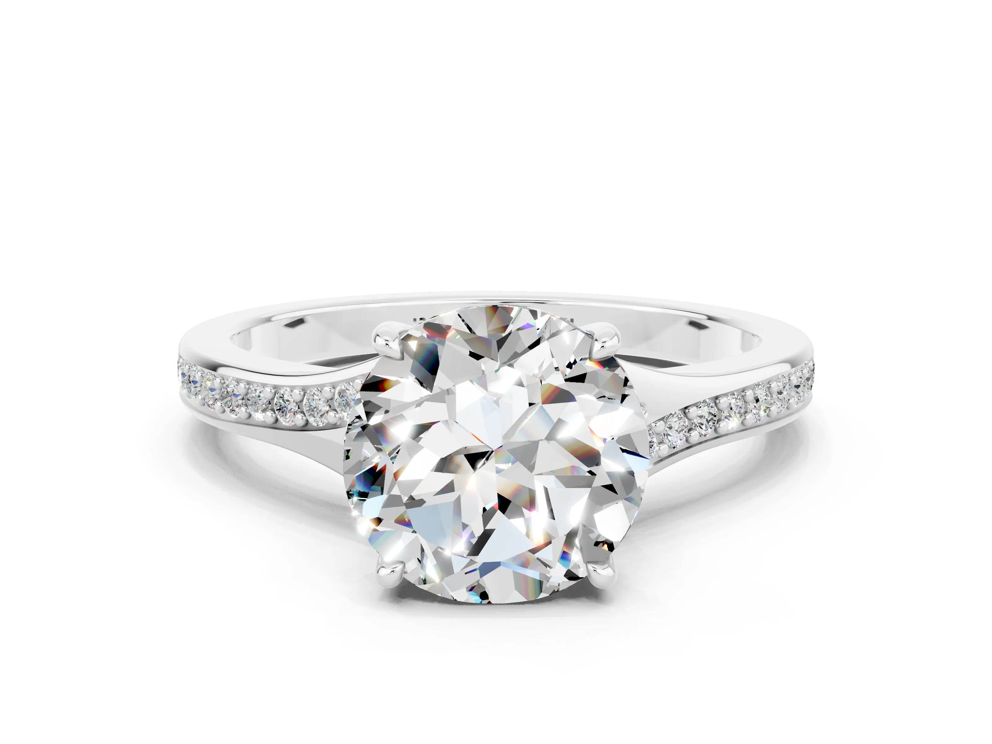 White gold Round Cut Moissanite Solitaire Ring with Pavé Band and Prong Setting