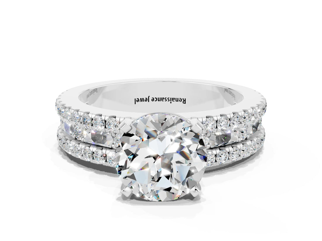 White gold Round Cut Moissanite Solitaire Ring with Pavé and Channel Set Band