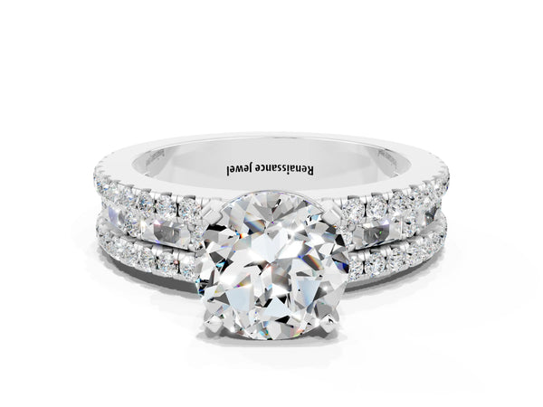 Silver Round Cut Moissanite Solitaire Ring with Pavé and Channel Set Band