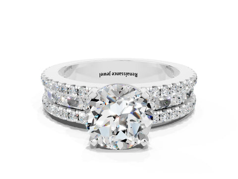 White gold Round Cut Moissanite Solitaire Ring with Pavé and Channel Set Band