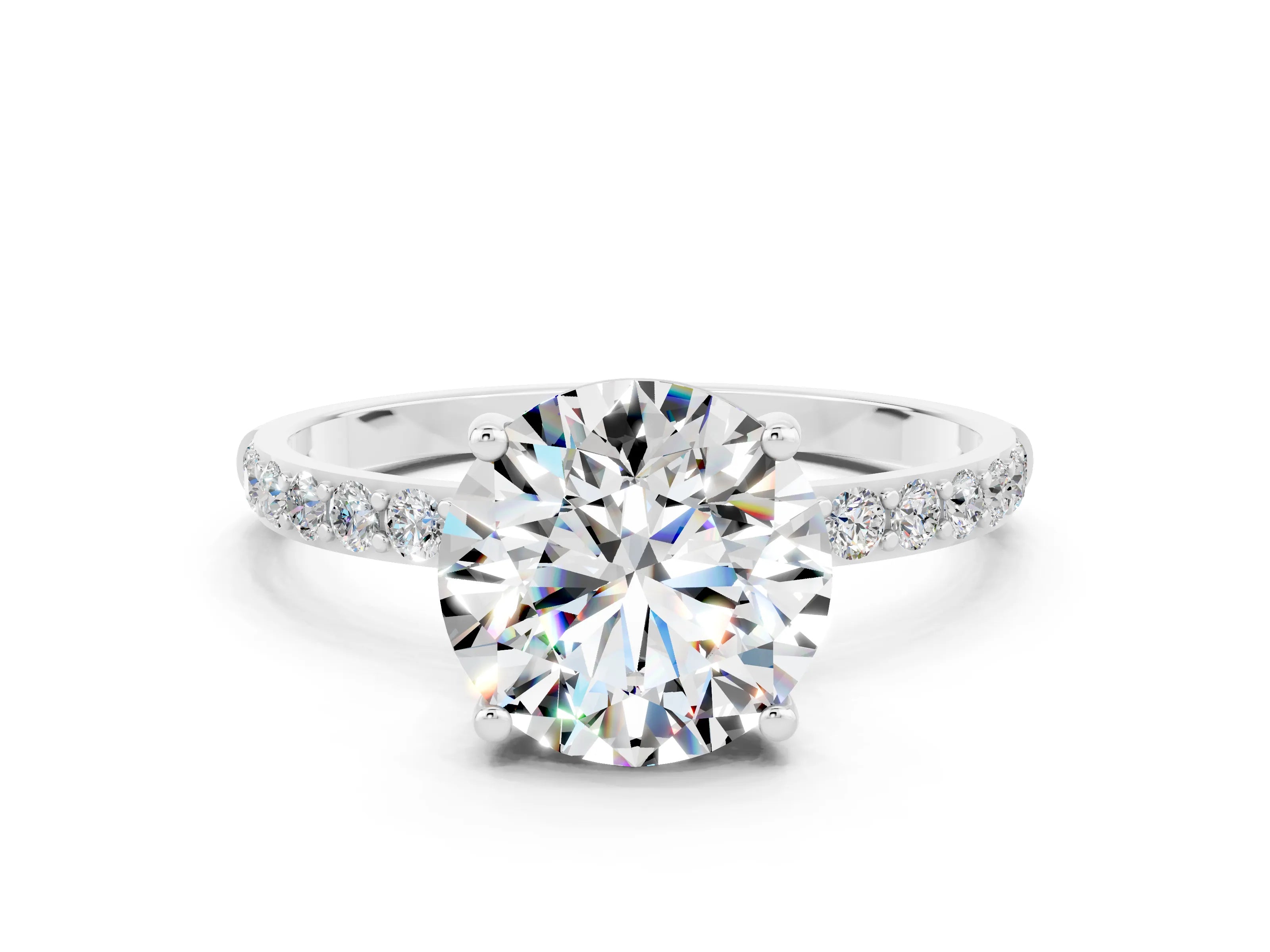White gold Round Cut Moissanite Solitaire Ring with Pave Band and Four Prong Setting_12