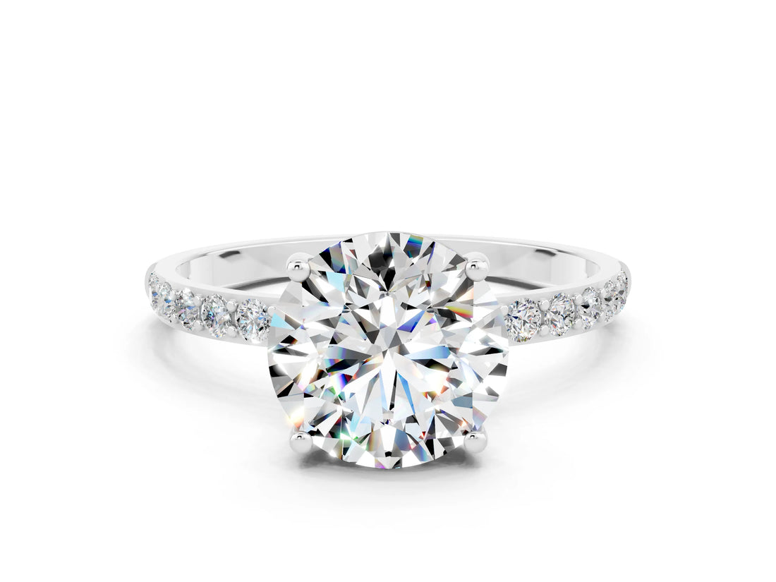 White gold Round Cut Moissanite Solitaire Ring with Pave Band and Four Prong Setting_12