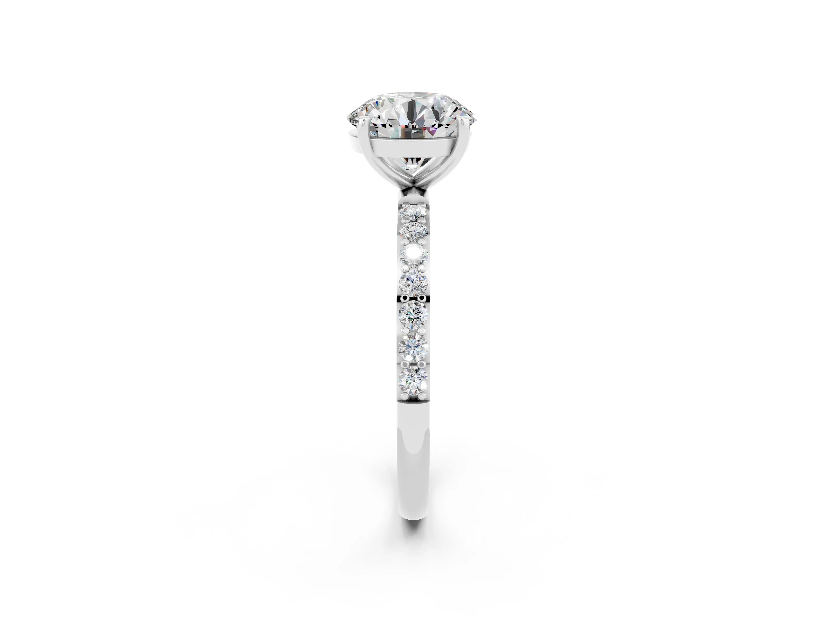 White gold Round Cut Moissanite Solitaire Ring with Pave Band and Four Prong Setting_14