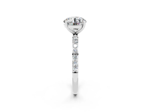 White gold Round Cut Moissanite Solitaire Ring with Round  Pavé Band and Prong Setting