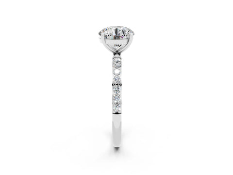 White gold Round Cut Moissanite Solitaire Ring with Pave Band and Four Prong Setting_14