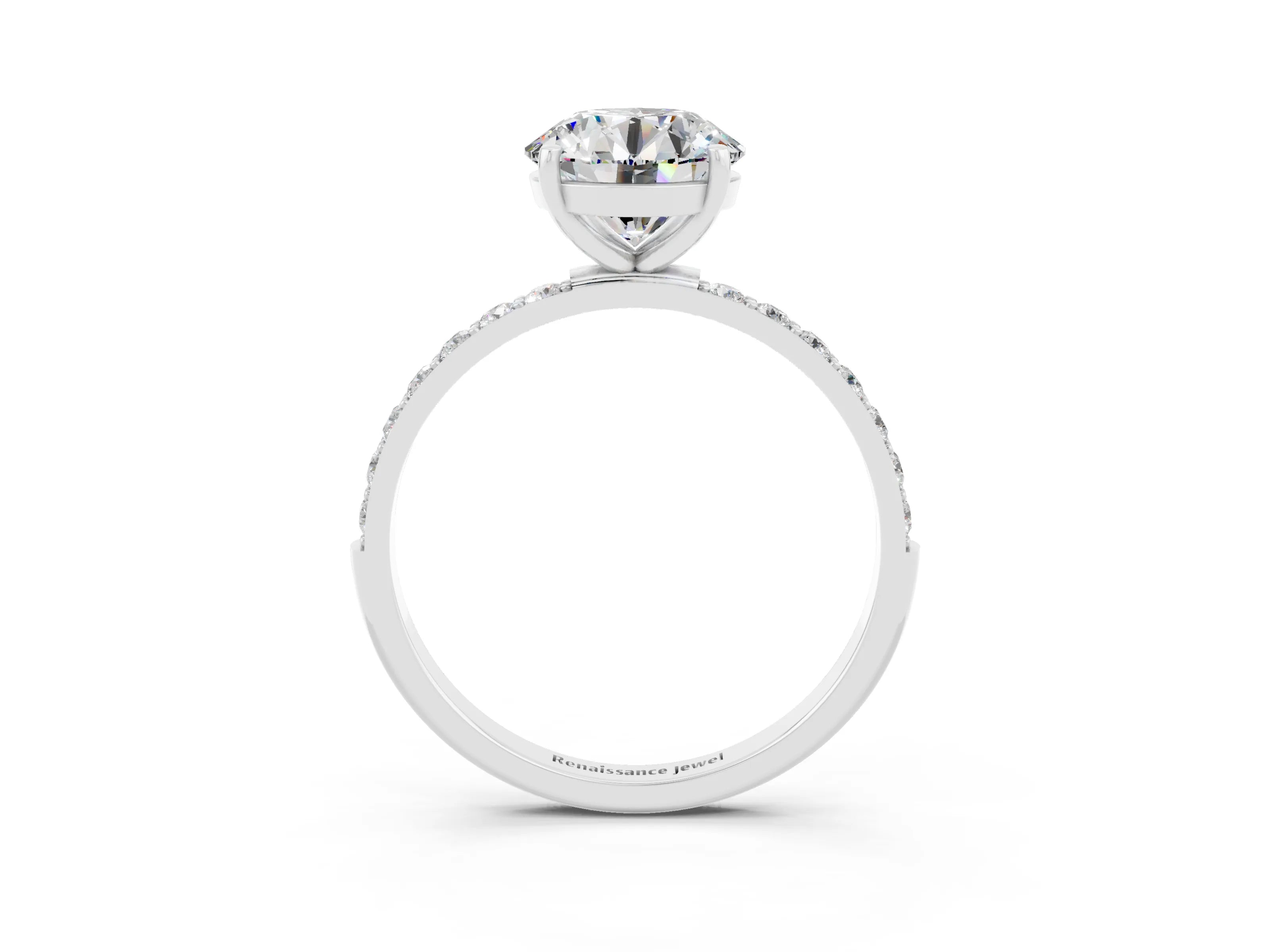 White gold Round Cut Moissanite Solitaire Ring with Pave Band and Four Prong Setting_15
