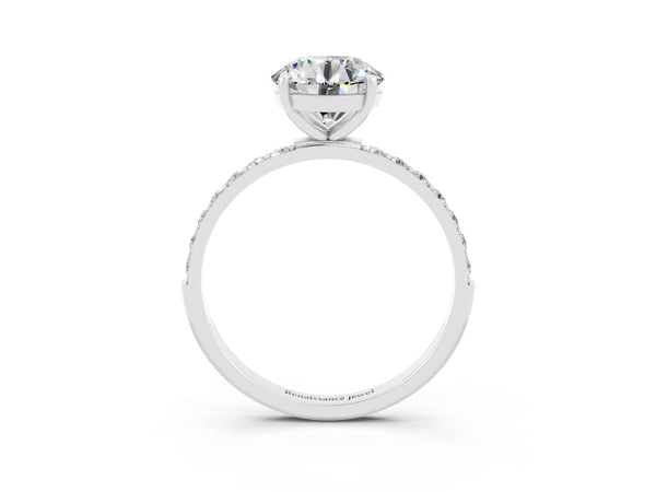 Platinum Round Cut Moissanite Solitaire Ring with Round  Pavé Band and Prong Setting
