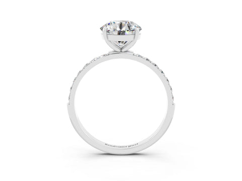 White gold Round Cut Moissanite Solitaire Ring with Pave Band and Four Prong Setting_15