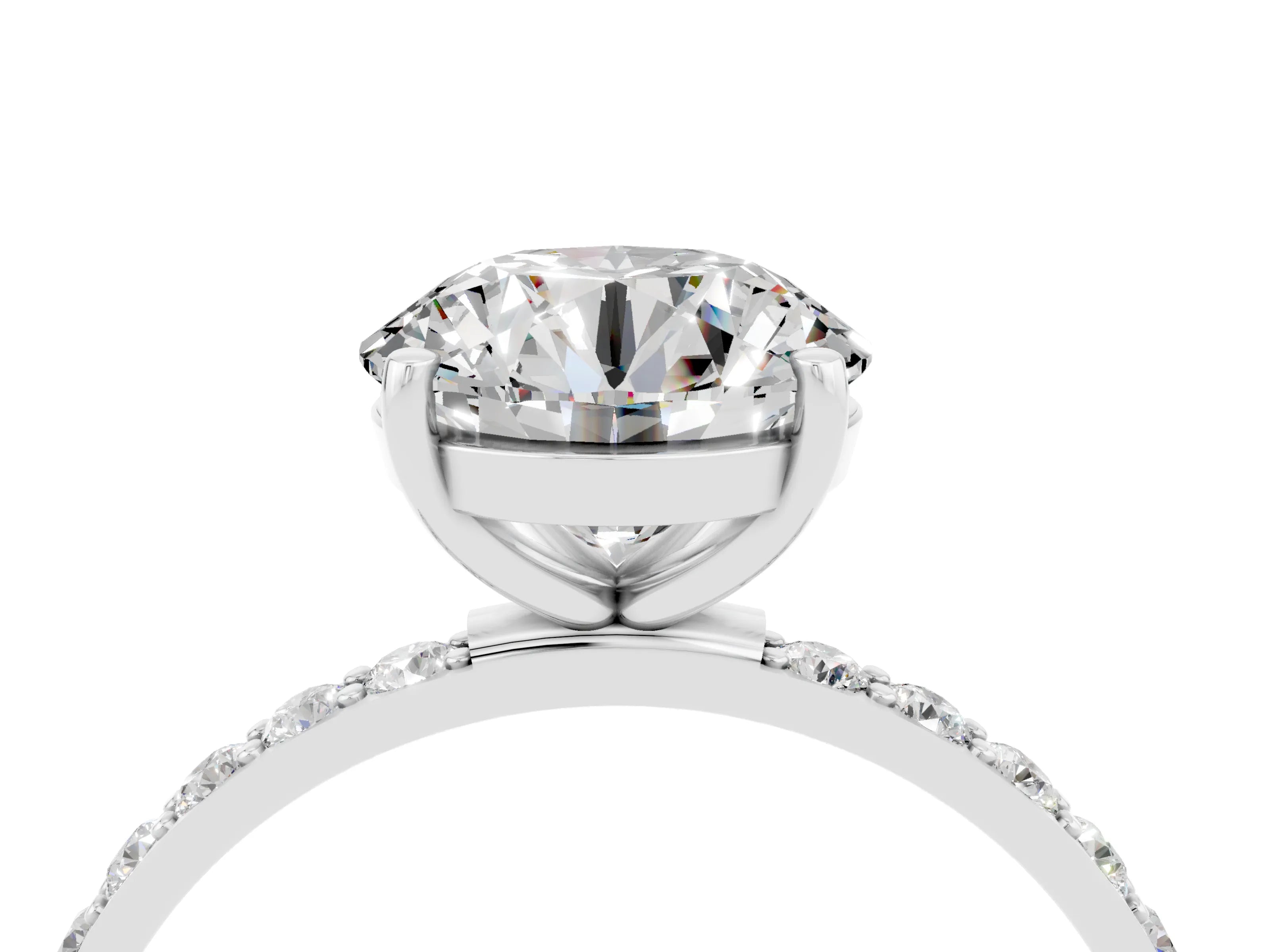 White gold Round Cut Moissanite Solitaire Ring with Pave Band and Four Prong Setting_16