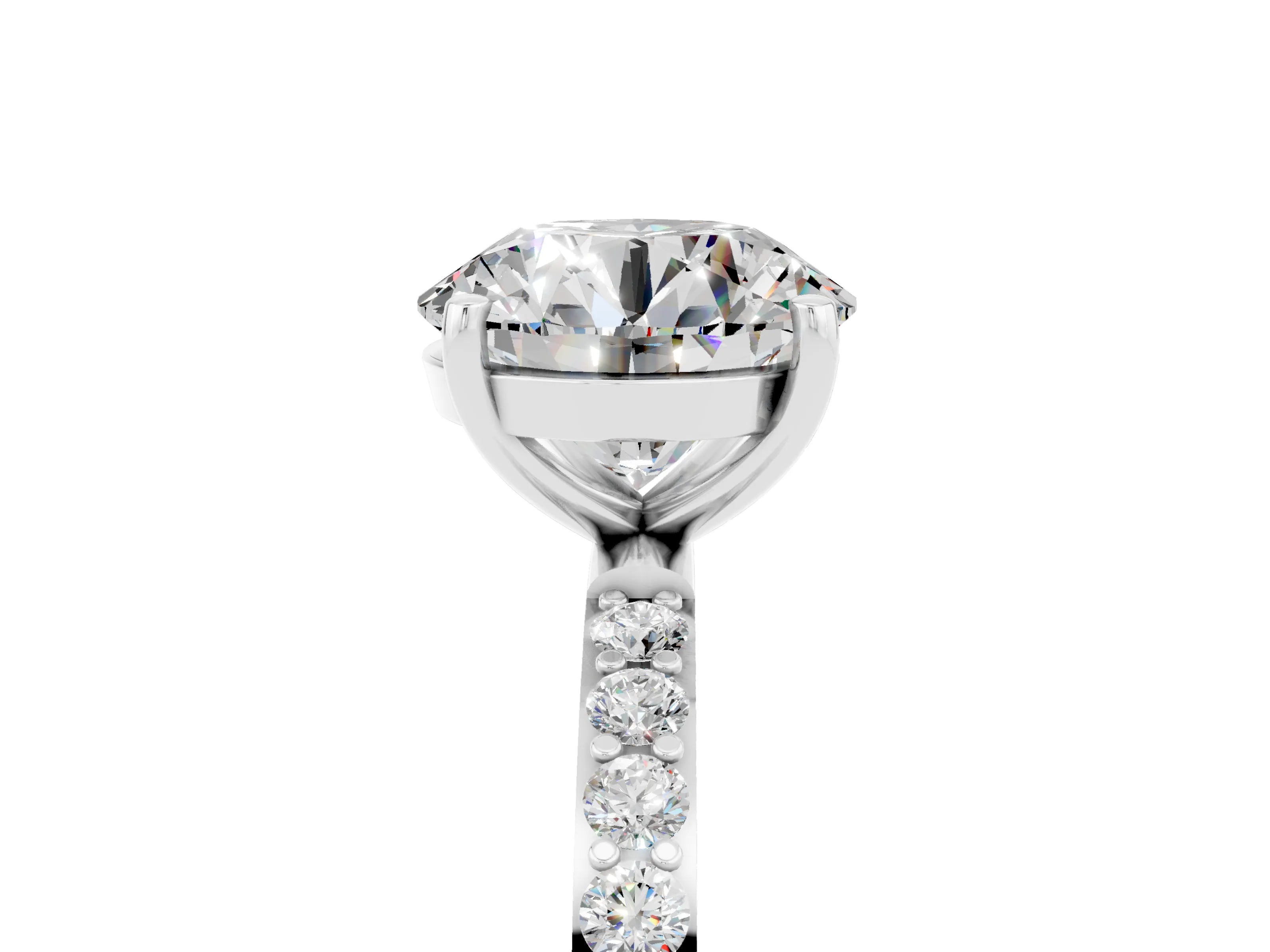 White gold Round Cut Moissanite Solitaire Ring with Pave Band and Four Prong Setting_17
