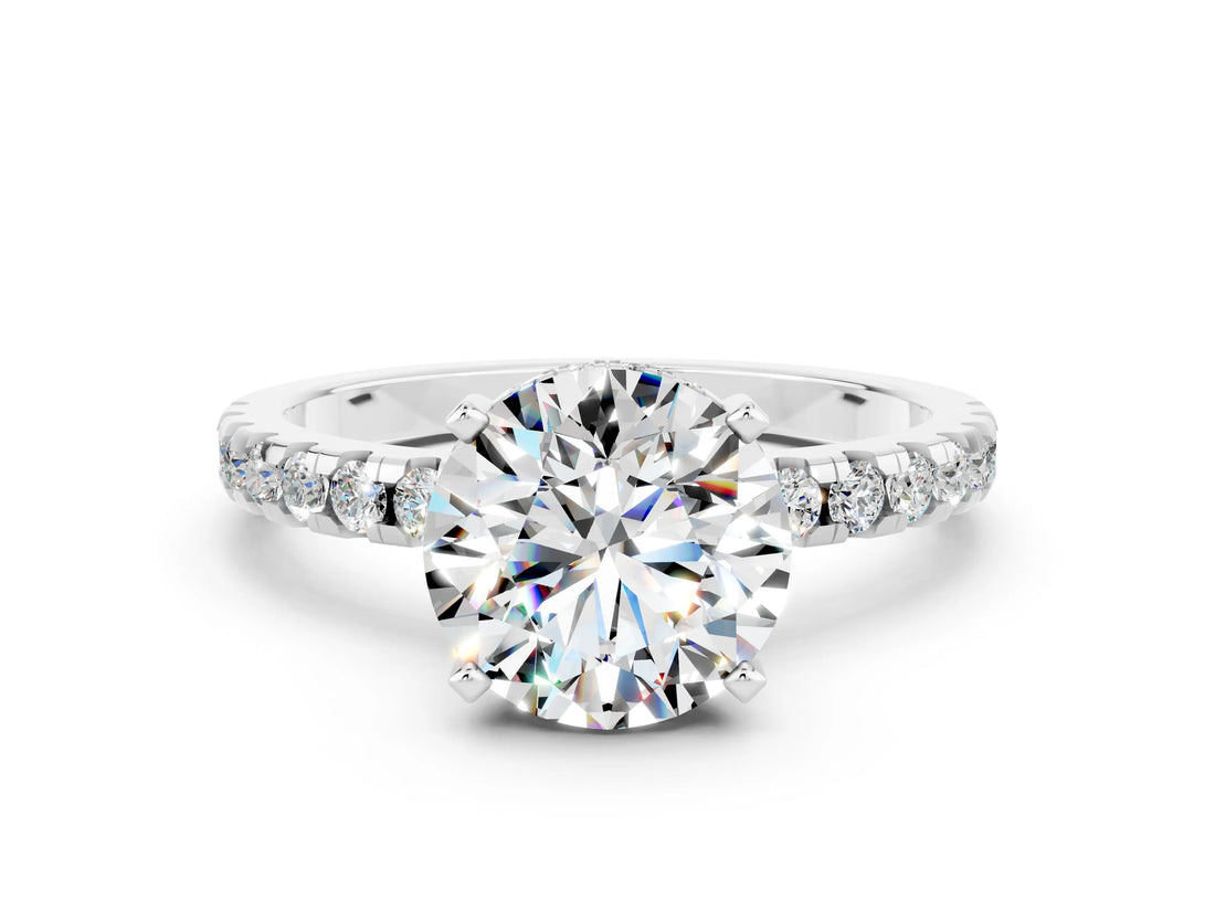 White gold Round Cut Moissanite Solitaire Ring with Round  Pavé Band and Four-Prong Setting_60