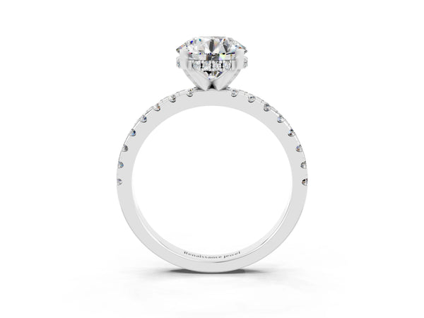 White gold Round Cut Moissanite Solitaire Ring with Round Pavé Band and Four-Prong Setting