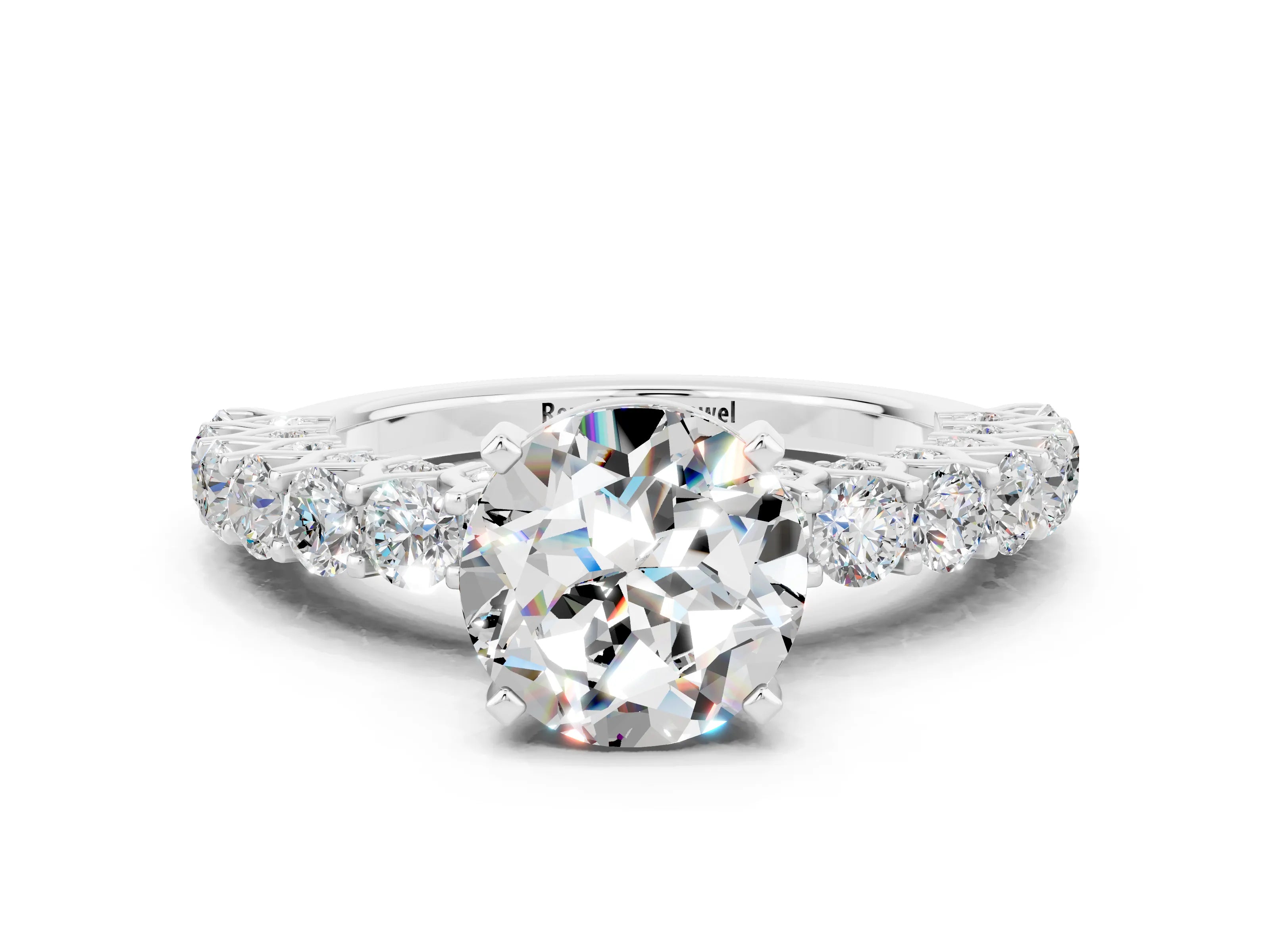 White gold Round Cut Moissanite Solitaire Ring with Shared Prong Pavé Band and Four-Prong Setting