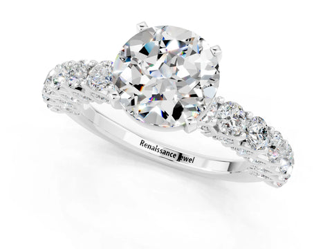 White gold Round Cut Moissanite Solitaire Ring with Shared Prong Pavé Band and Four-Prong Setting_1